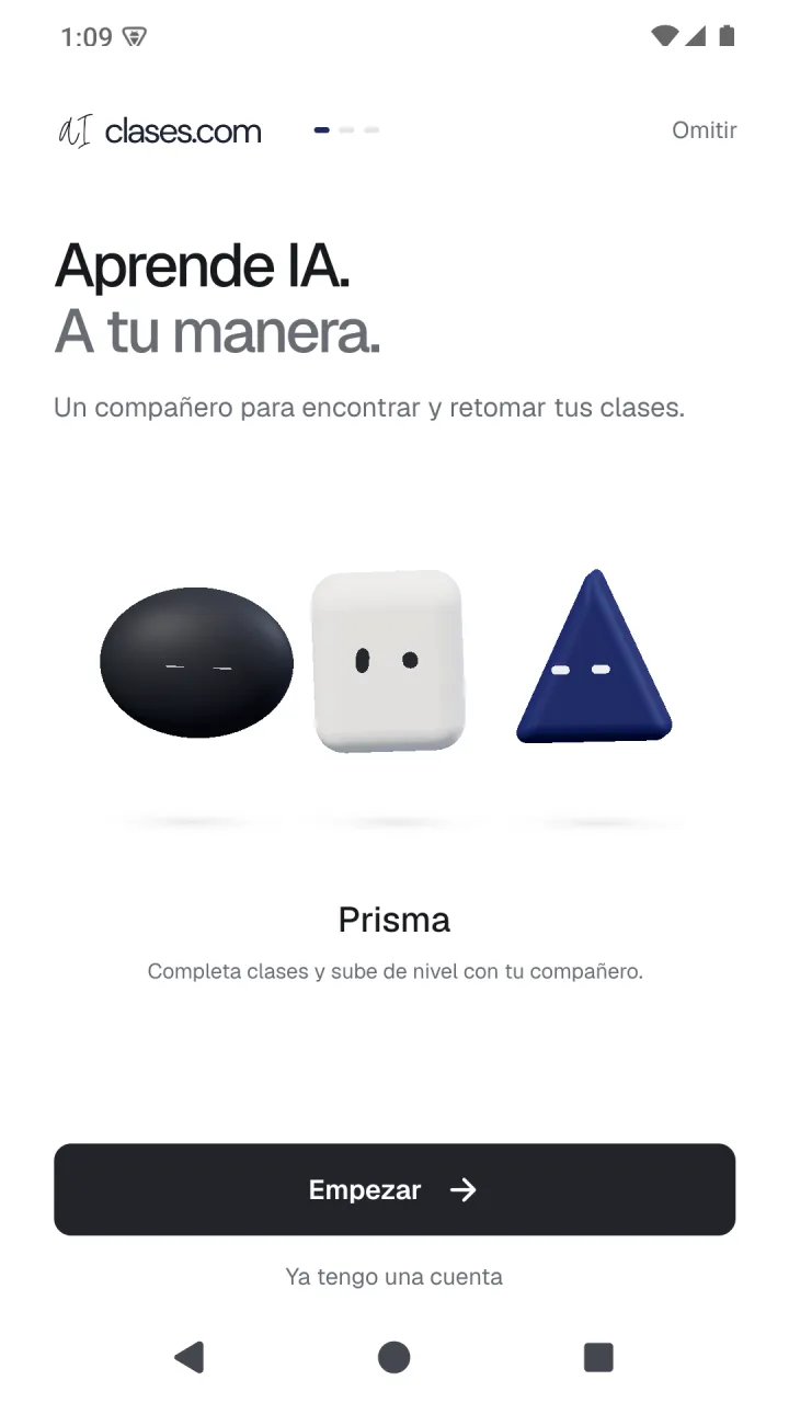 Pantalla de bienvenida de AIClases en Android con los tres compañeros de aprendizaje.