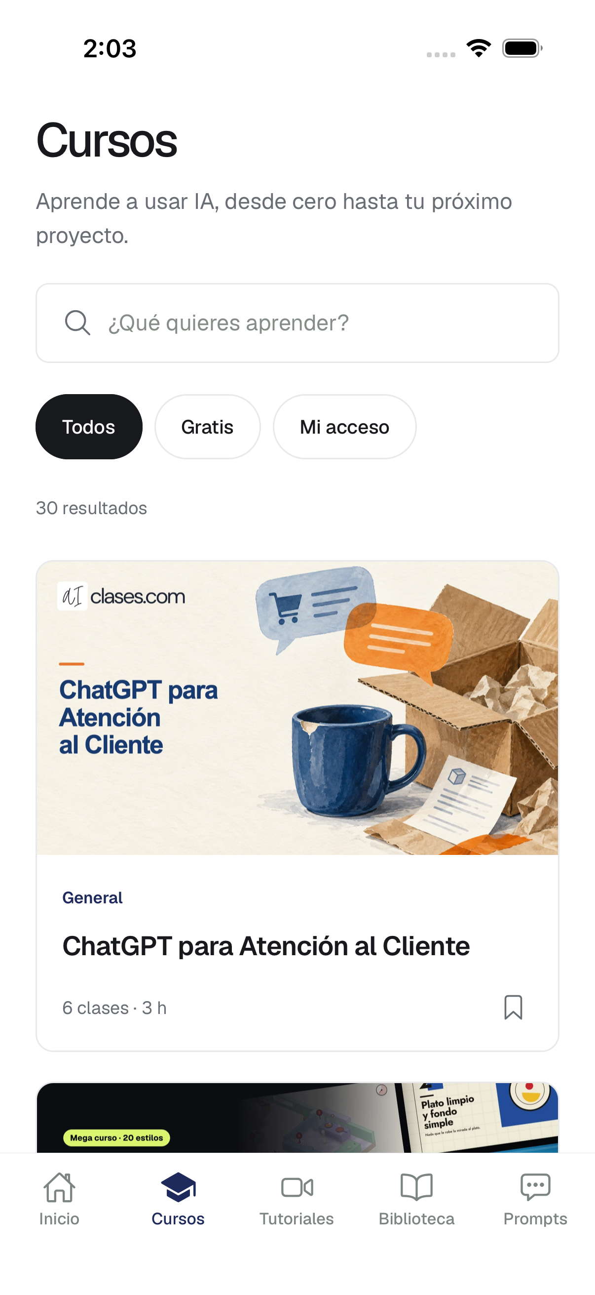 Catálogo de cursos de la app AIClases, con buscador y filtros de acceso.
