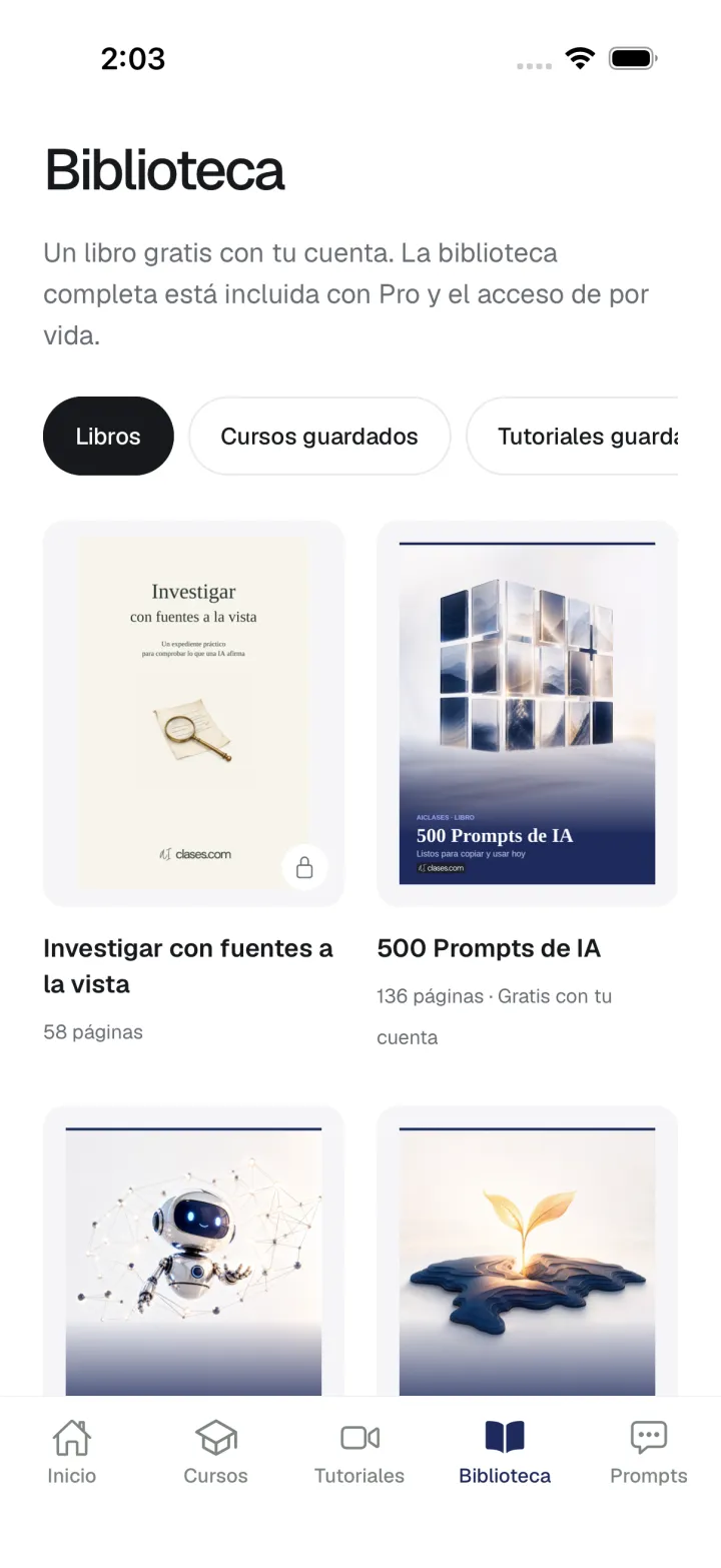 Biblioteca de la app AIClases con libros de investigación y prompts.